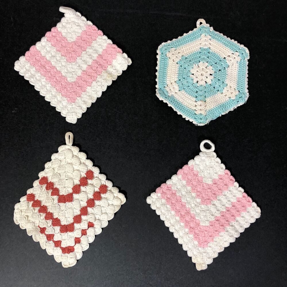 Vintage Potholders, Crocheted Pink, Aqua Blue, Red and White, Set of Four Retro
